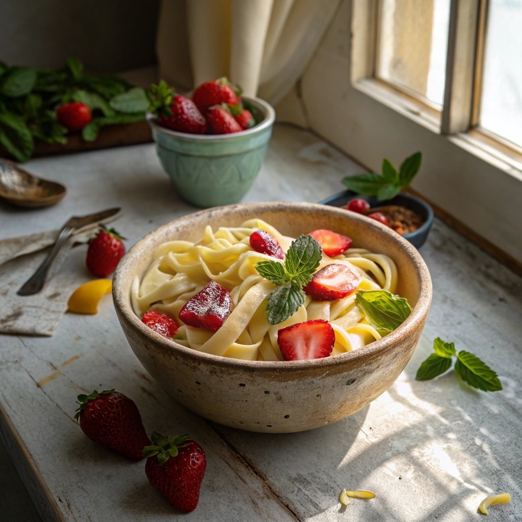 Creamy pasta strawberry in a rustic bowl