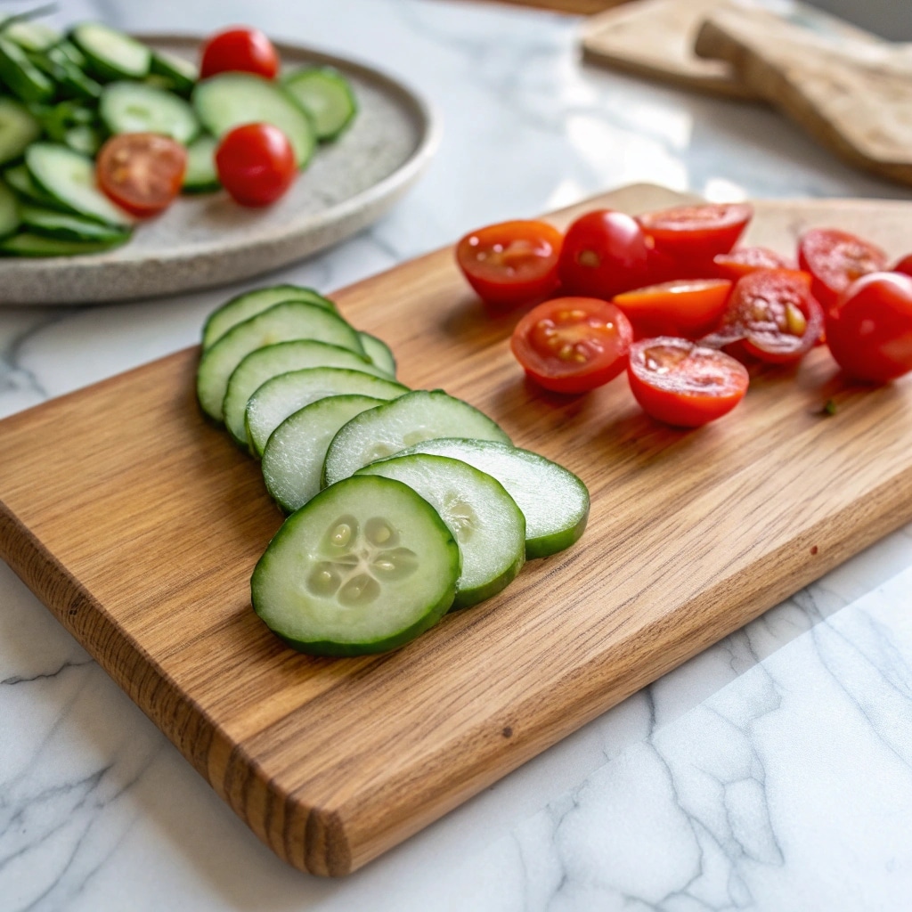 Mediterranean Cucumber Salad – The Ultimate Fresh & Flavorful Summer Side 10 Preparing cucumbers and tomatoes for Mediterranean salad