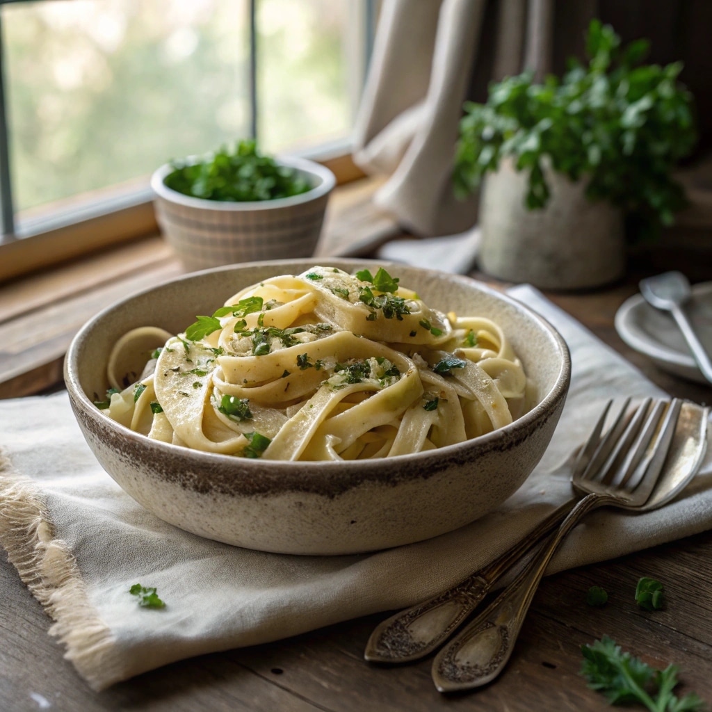 Sourdough Pasta Noodles: A Homemade Favorite with a Tangy Twist 8 Bowl of cooked sourdough pasta noodles with creamy sauce