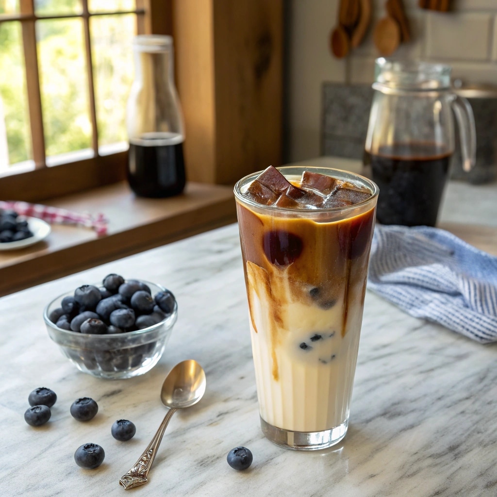 blueberry iced latte on a summer kitchen table