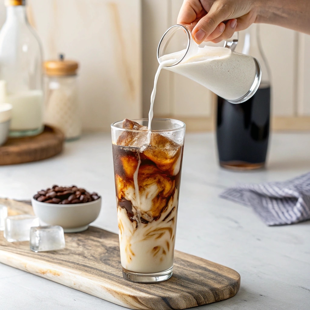Blueberry Iced Latte Recipe You’ll Crave Every Summer 11 milk pouring into iced espresso with swirl
