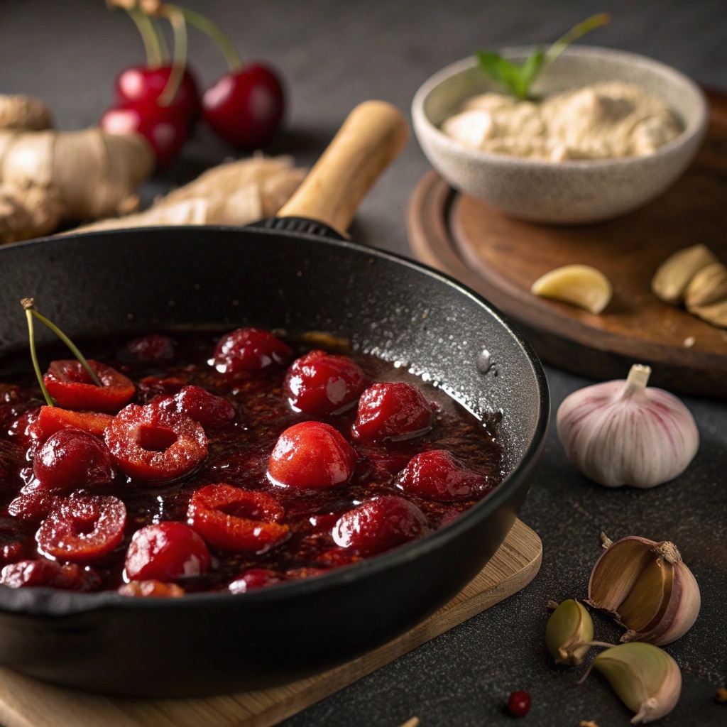 Sticky Cherry Chicken Thighs That Steal the Show 9 Sticky cherry glaze in skillet