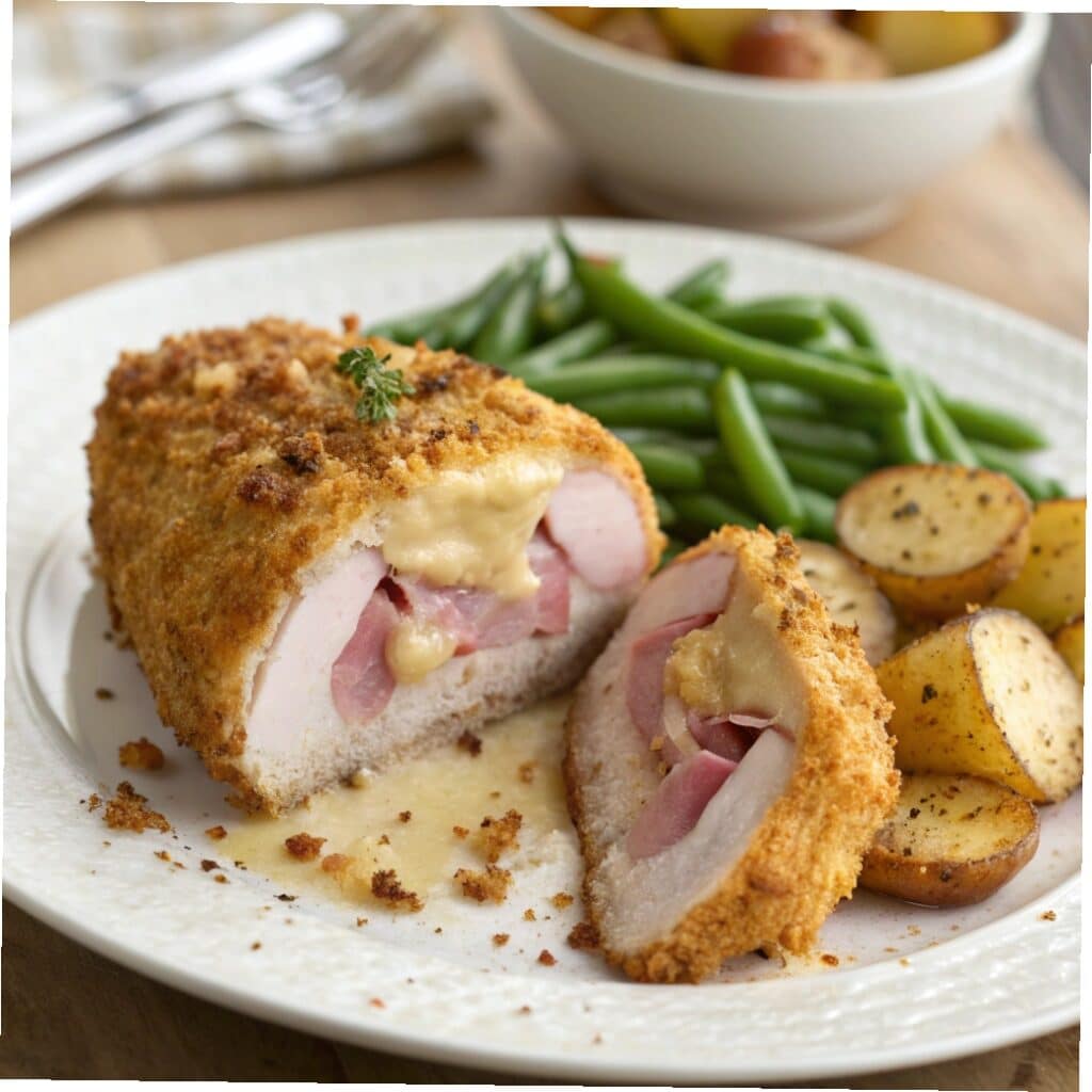 Chicken cordon bleu recipe with golden crust and melted cheese