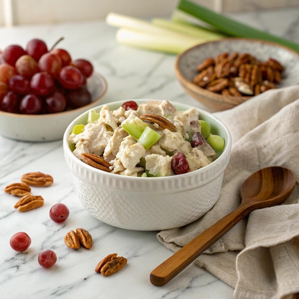 chicken salad recipe with grapes and pecans served in a rustic bowl