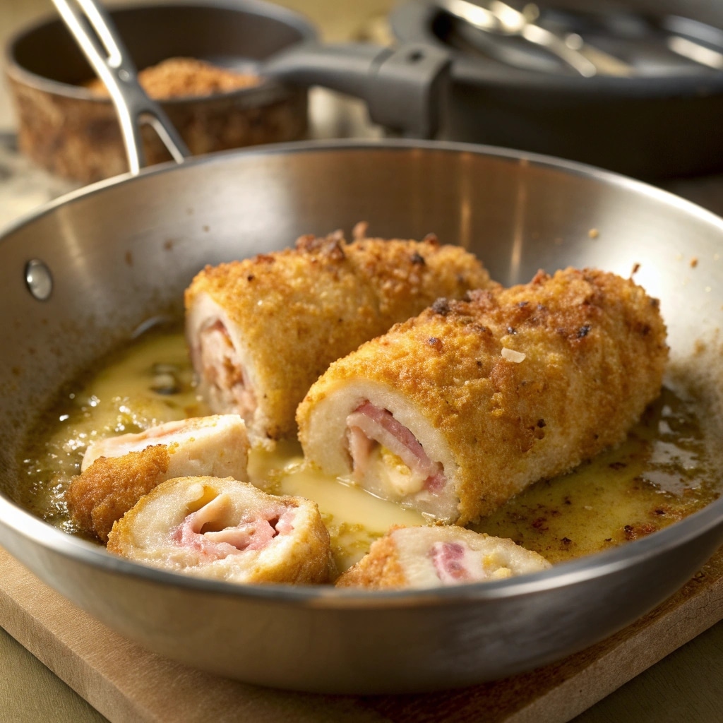 Chicken Cordon Bleu Recipe: Crispy, Cheesy, and Irresistible 9 Pan-frying chicken cordon bleu for golden crispy crust