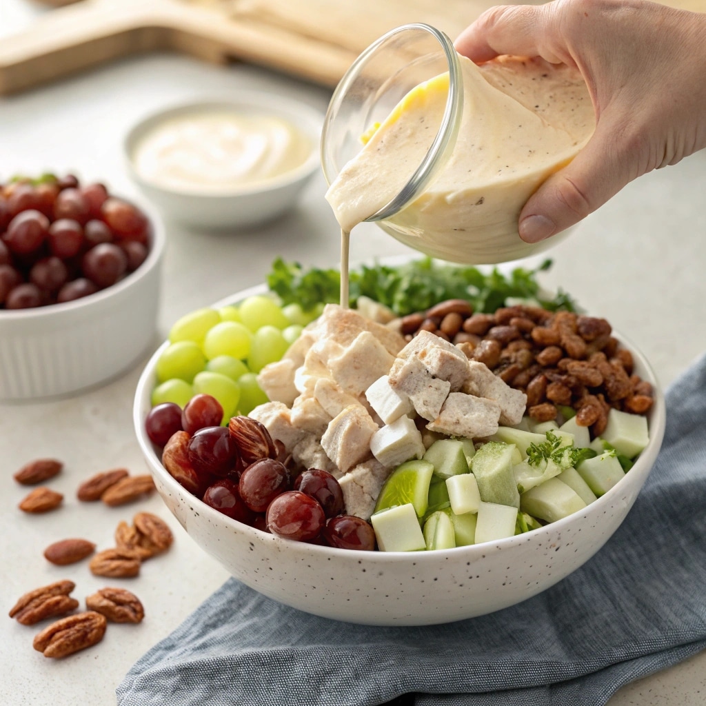 Chicken Salad Recipe with Grapes That You’ll Want to Make Weekly 9 Pouring dressing over chicken salad with grapes