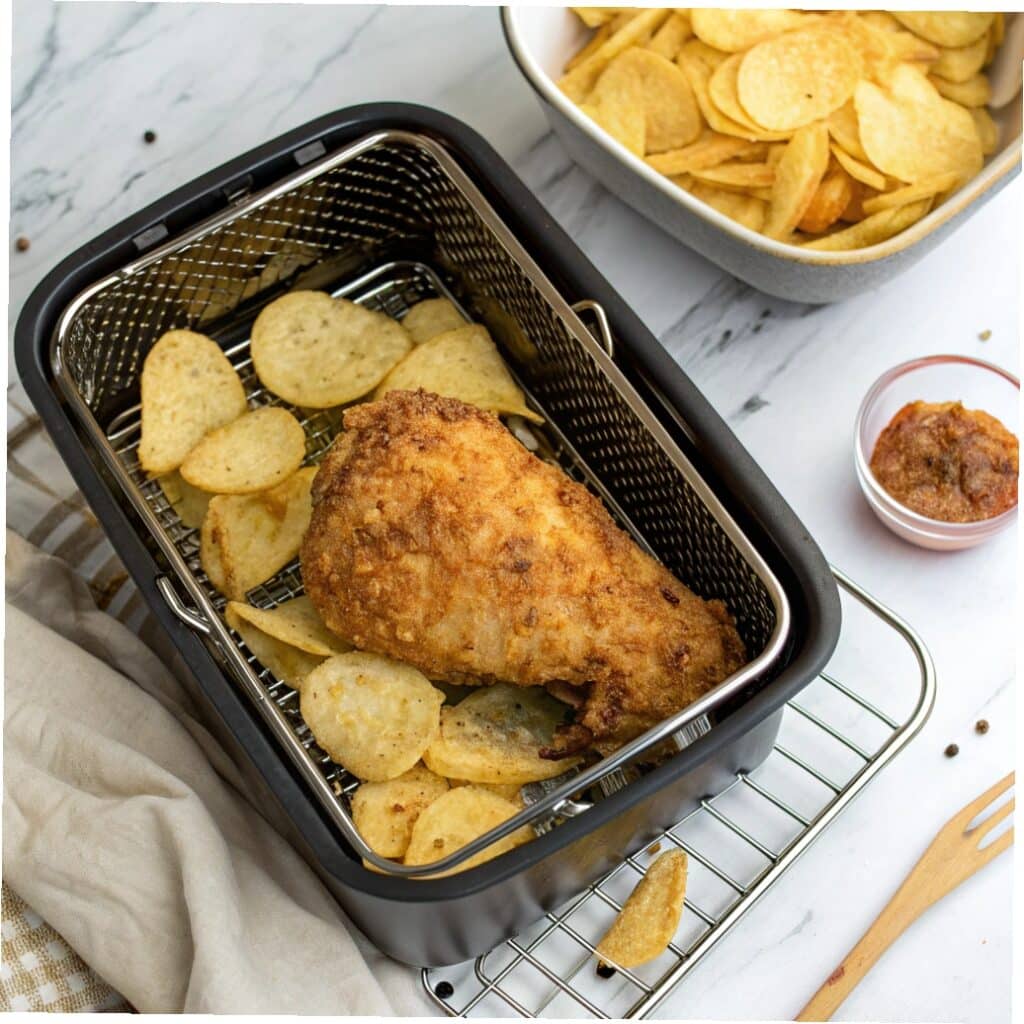 potato chip crusted chicken air fryer on rustic plate