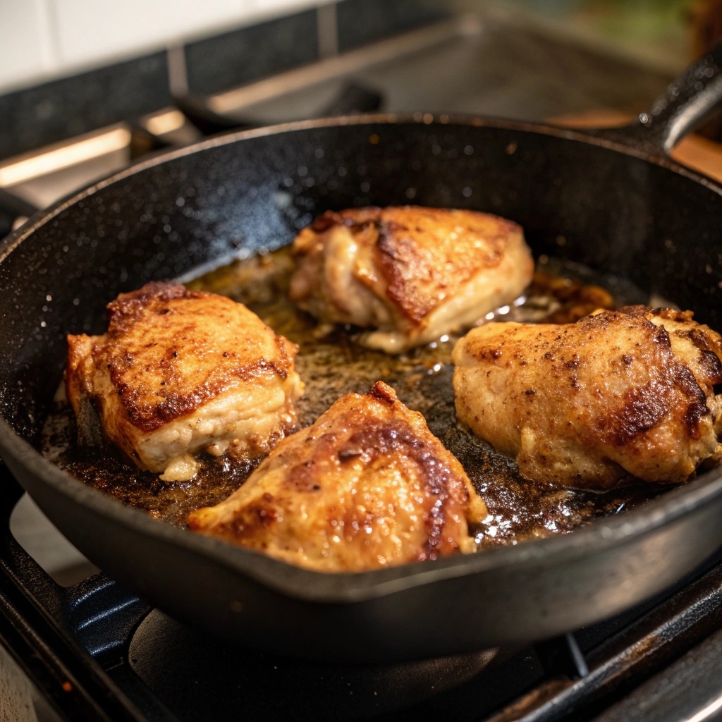 Sticky Cherry Chicken Thighs That Steal the Show 8 Searing chicken thighs for sticky cherry chicken