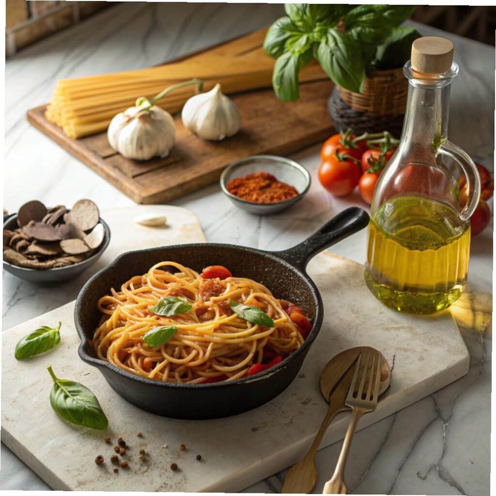 sizzling spaghetti recipe in skillet