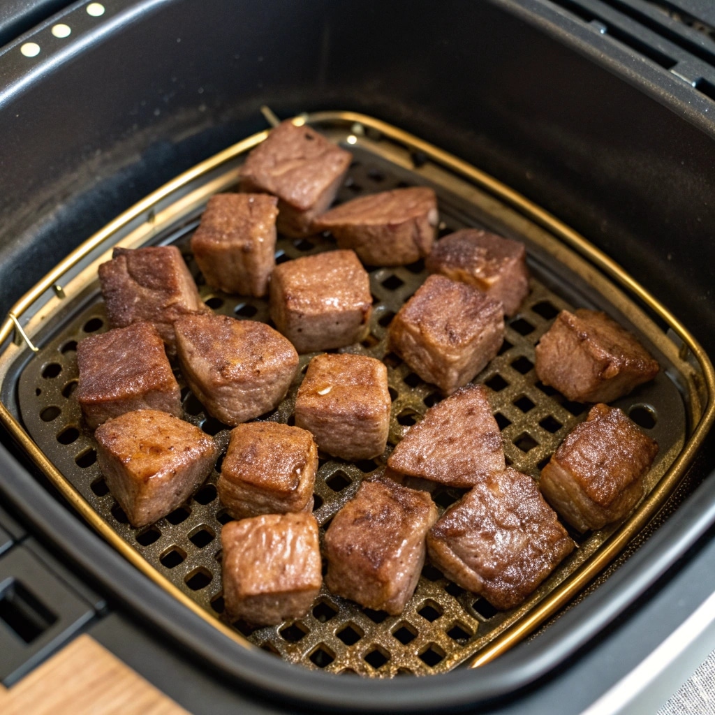 Steak Bites in Air Fryer: Crispy, Juicy, and Done in 10 Minutes 7 Steak bites in air fryer basket during cooking