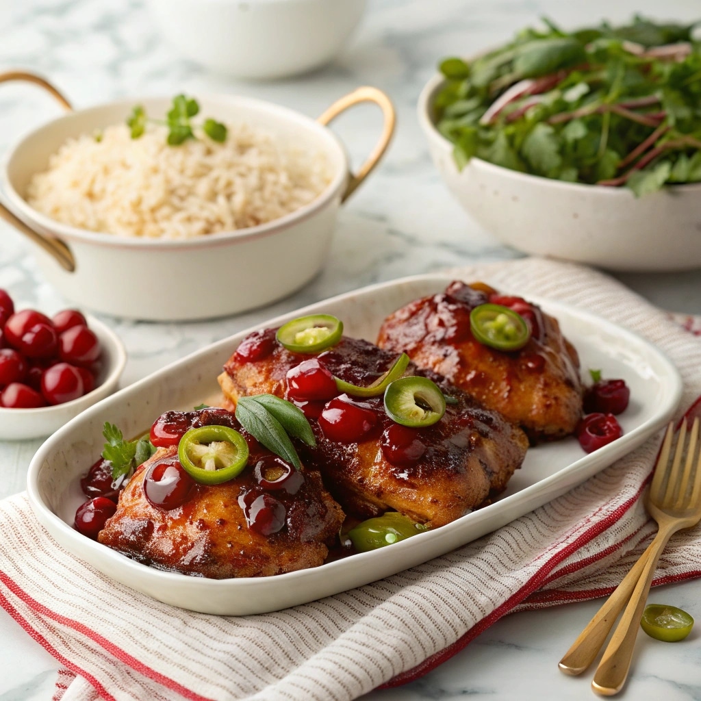 Sticky Cherry Chicken Thighs That Steal the Show 10 Sticky Cherry Chicken Thighs served with rice