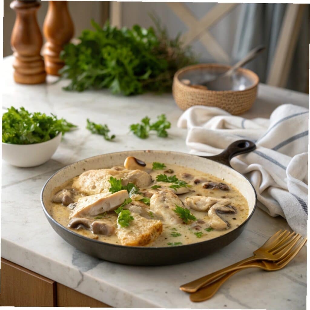 chicken and mushroom recipe in creamy skillet