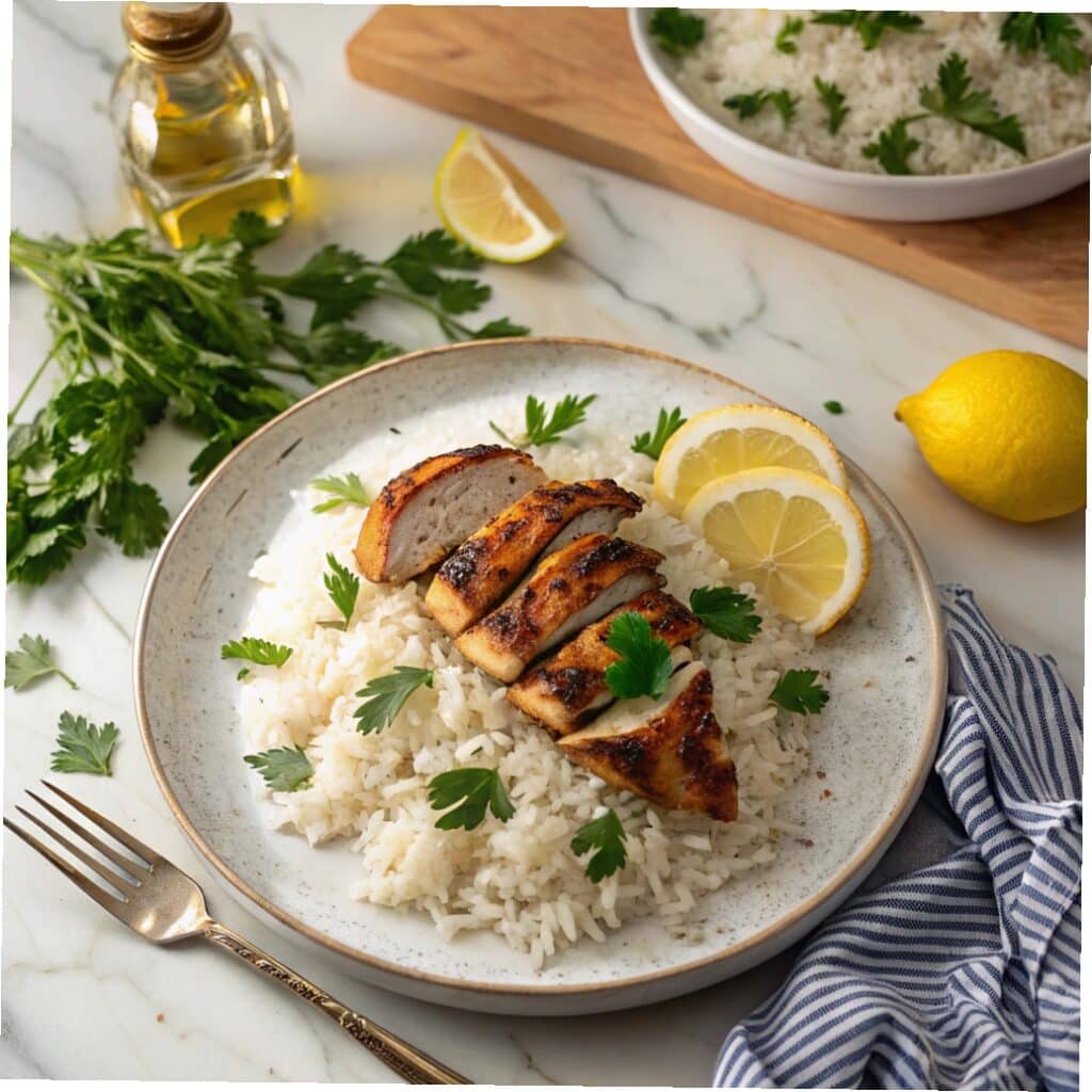 Grilled chicken and rice on a rustic plate