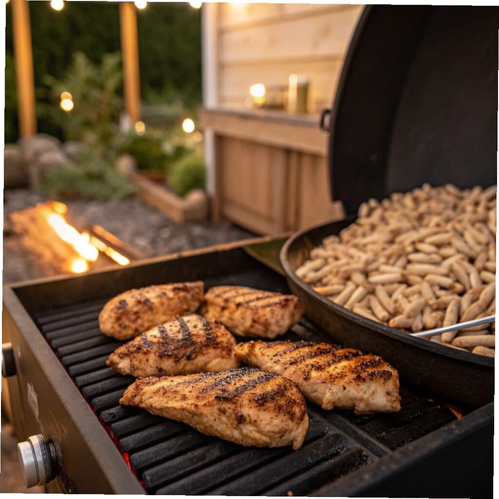 Pellet grill chicken breast cooking outdoors