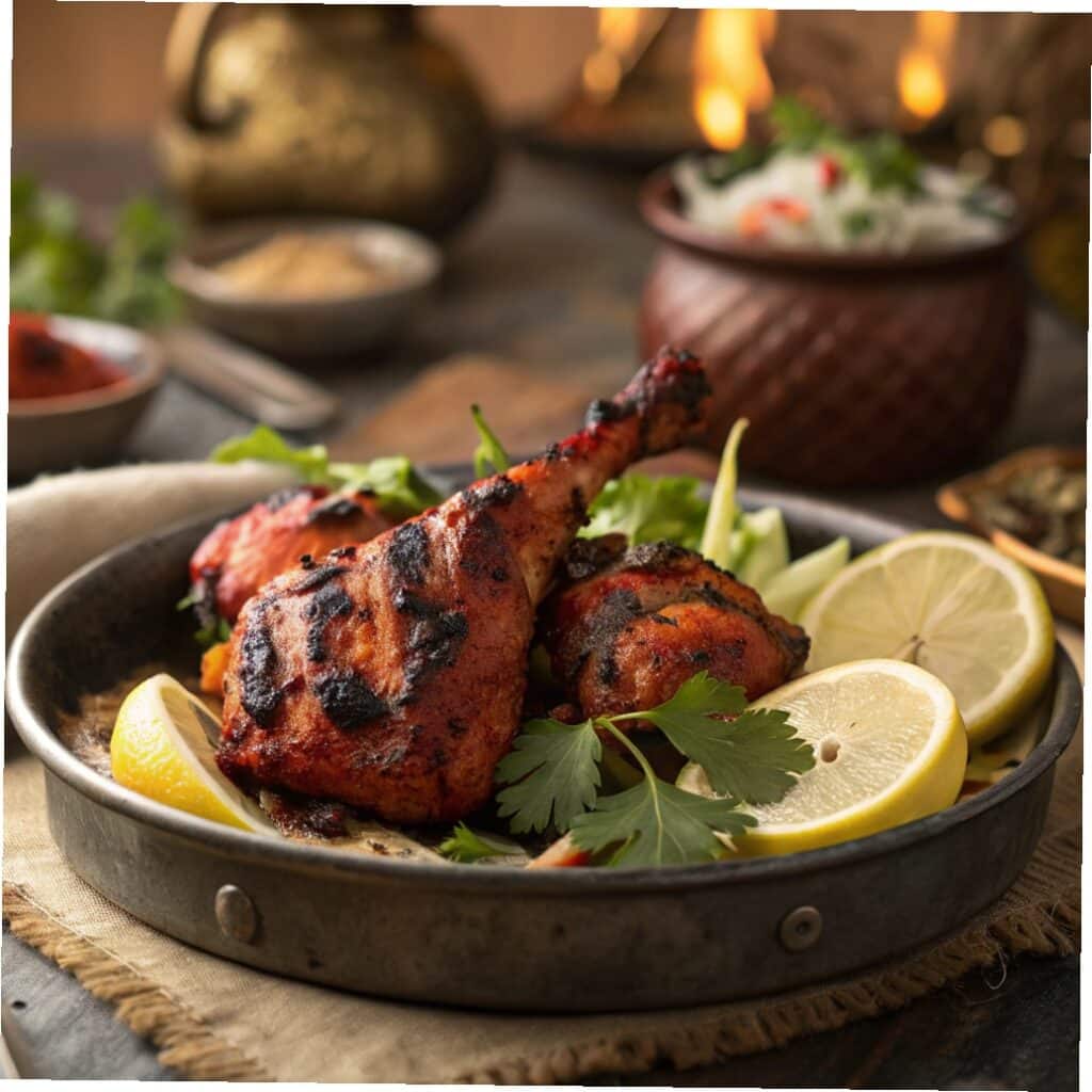 Tandoori chicken recipe served with lemon and herbs