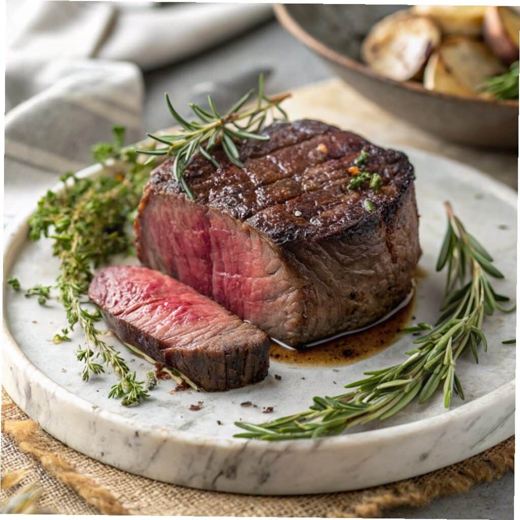 Home 3 Air fryer filet mignon in basket with perfect crust