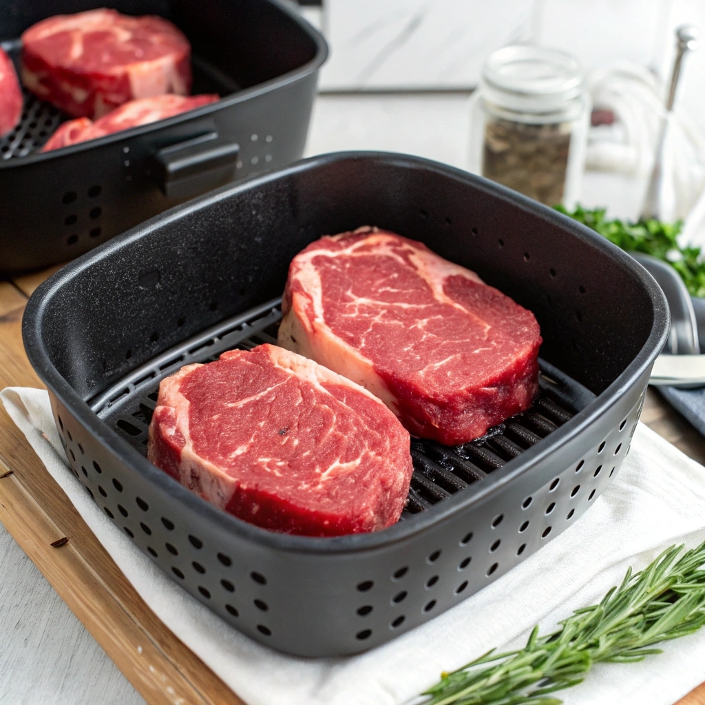 Filet mignon steaks in air fryer basket before cooking