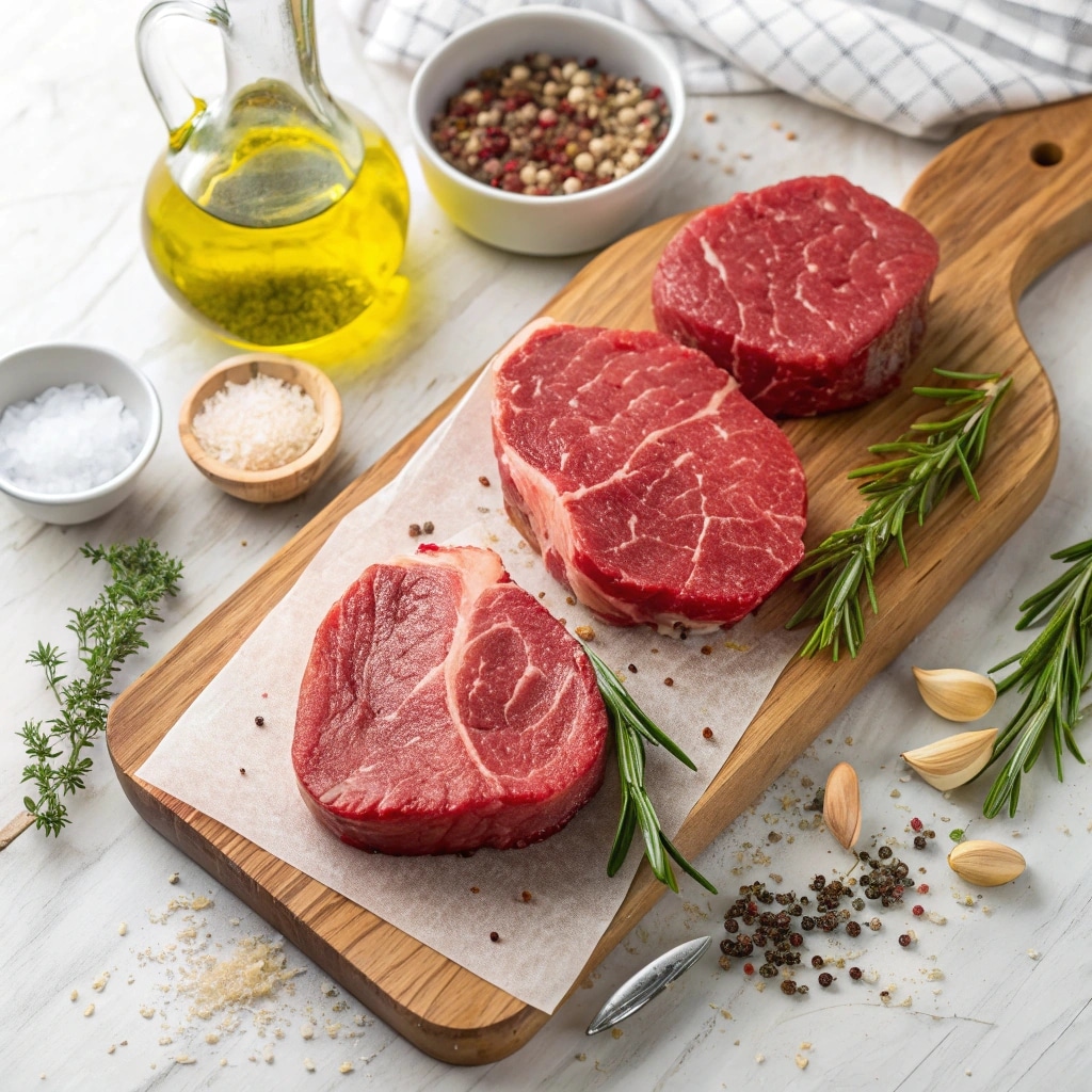 Ingredients for air fryer filet mignon on a board