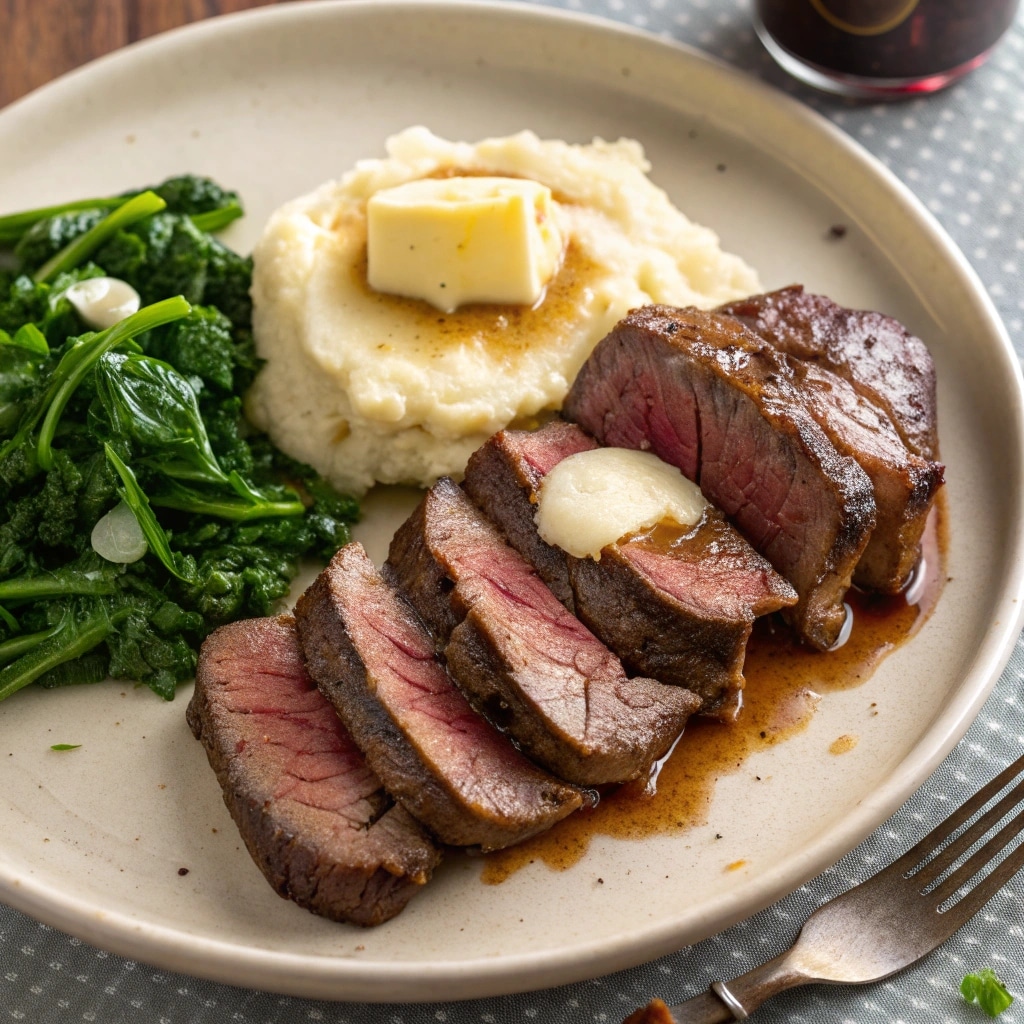 Plated air fryer filet mignon with butter and sides