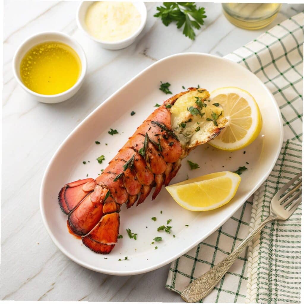 air fryer lobster tail plated with lemon and butter