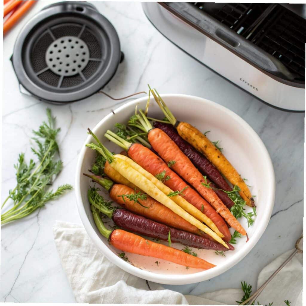 Air fryer rainbow carrots recipe served in a bowl
