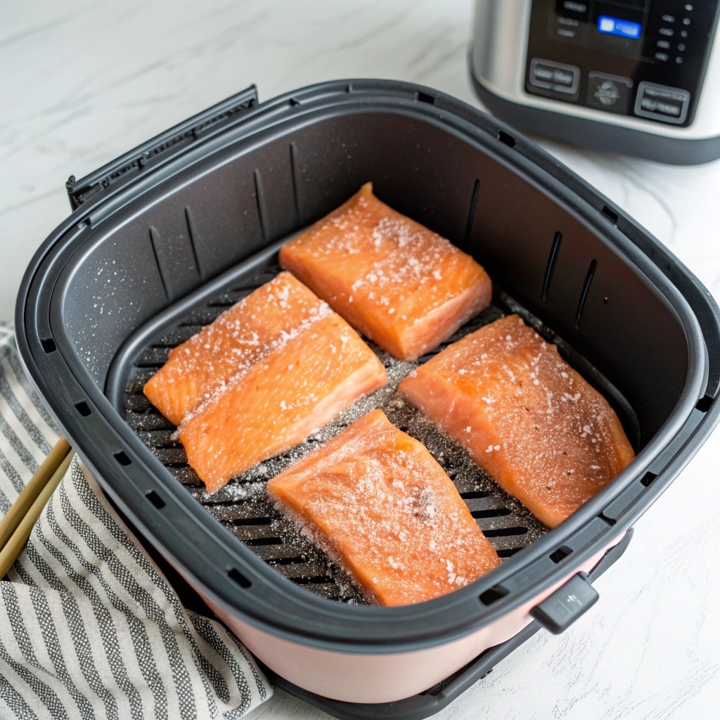 frozen salmon in air fryer basket seasoned