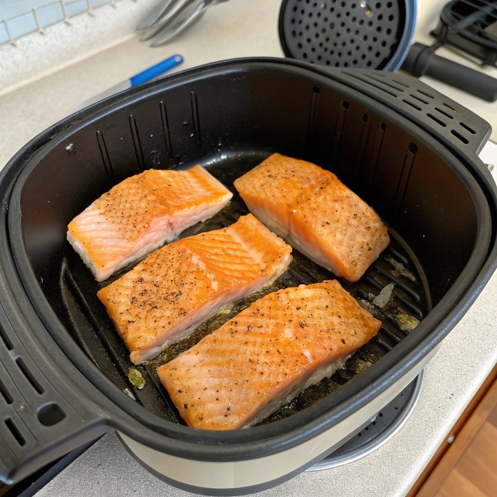 salmon fillets halfway cooked in air fryer