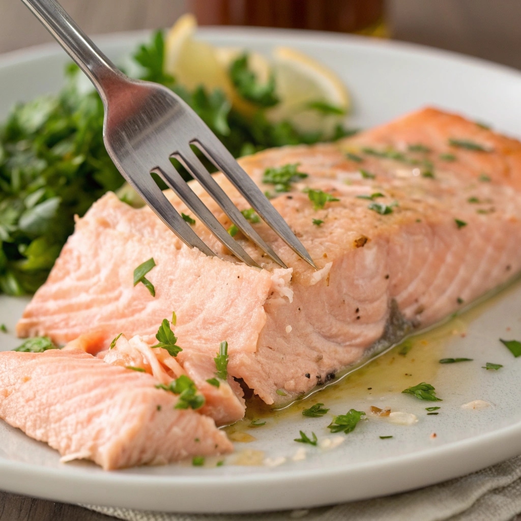 cooked salmon flaked with fork