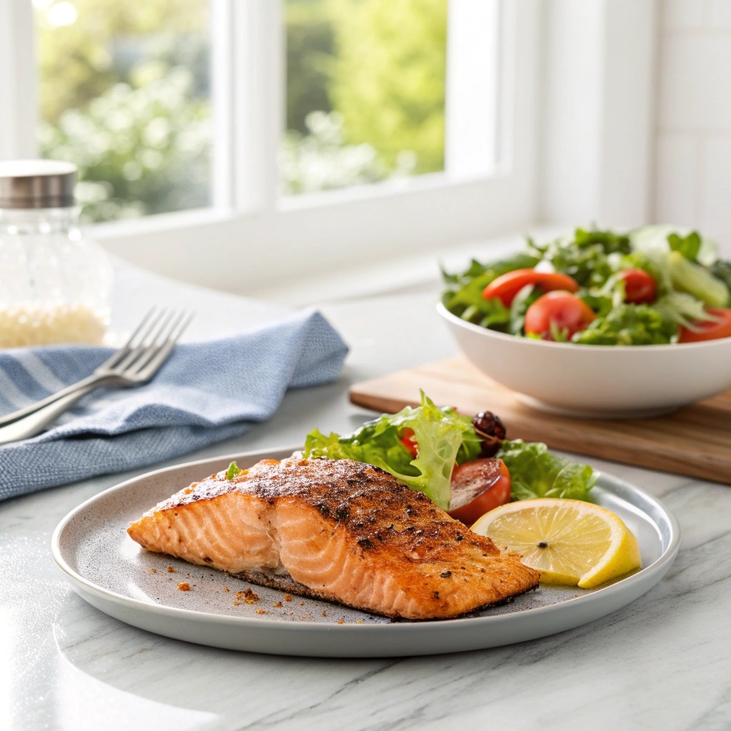 plated air fryer salmon with lemon and salad