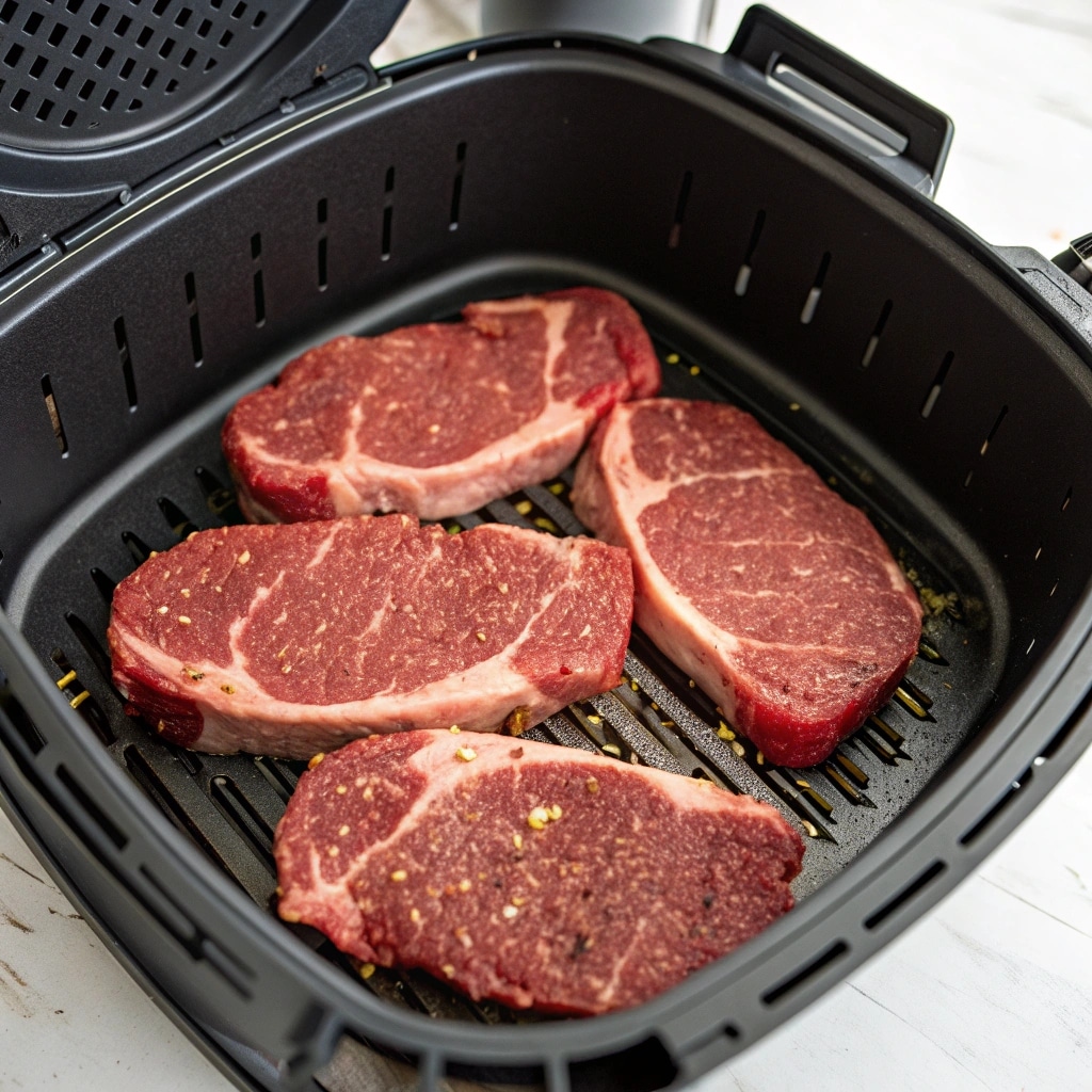 Air Fryer Sirloin Steak That’s Juicy, Fast, and Full of Flavor 8 seasoned sirloin steak in air fryer basket