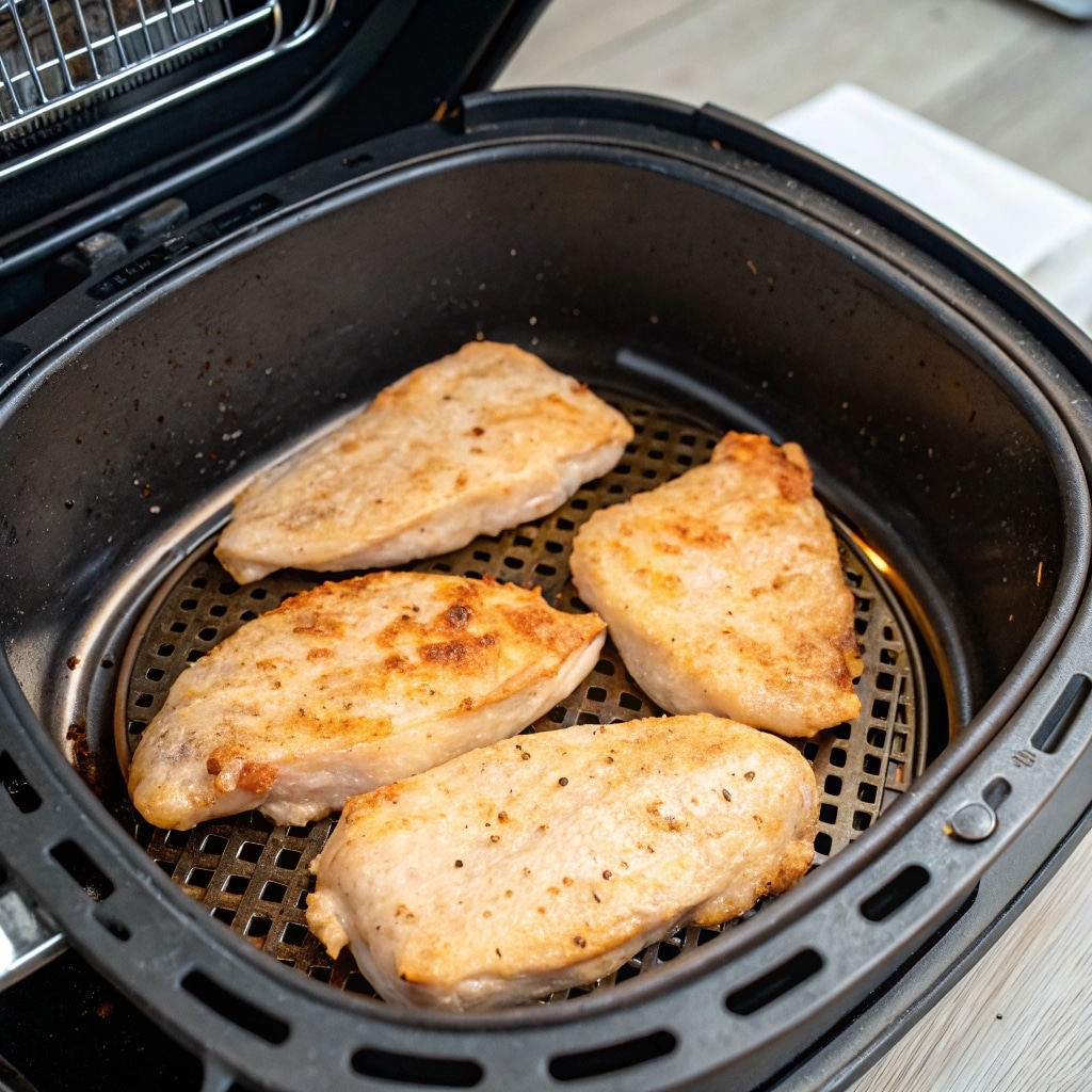 Air Fryer Thin Chicken Breast Recipe (Quick, Juicy & Foolproof) 7 Chicken breasts halfway cooked in air fryer