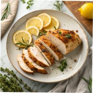 Air fryer thin chicken breast sliced on a plate