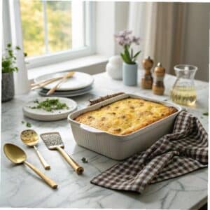 Chicken cornbread casserole baked golden brown in a rustic dish