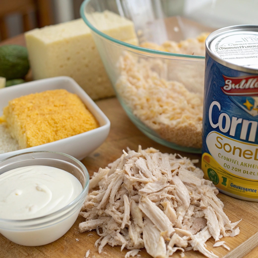 Chicken Cornbread Casserole Recipe: The Ultimate Southern Comfort Dish 6 Ingredients for chicken cornbread casserole displayed on wooden table