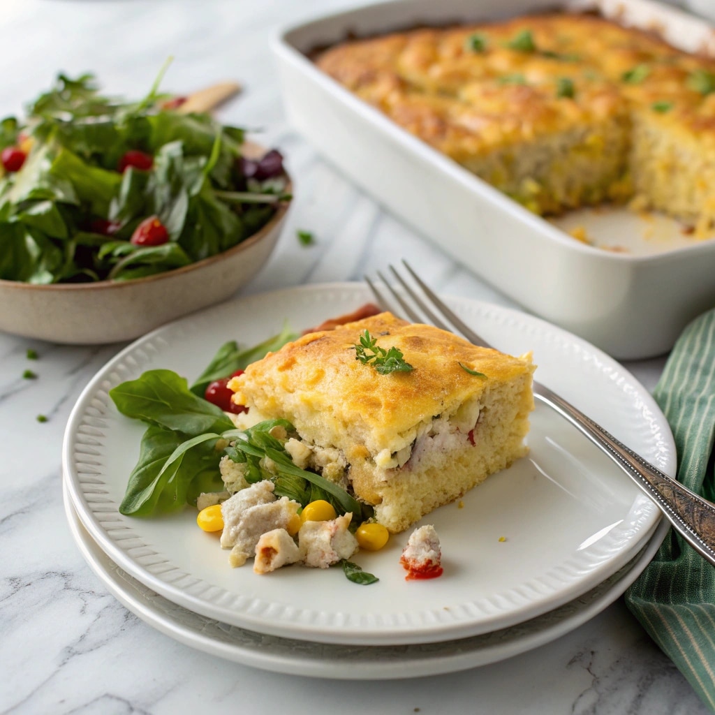 Chicken Cornbread Casserole Recipe: The Ultimate Southern Comfort Dish 8 Slice of chicken cornbread casserole served with salad
