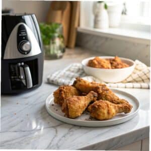 Crispy chicken legs in air fryer on white plate