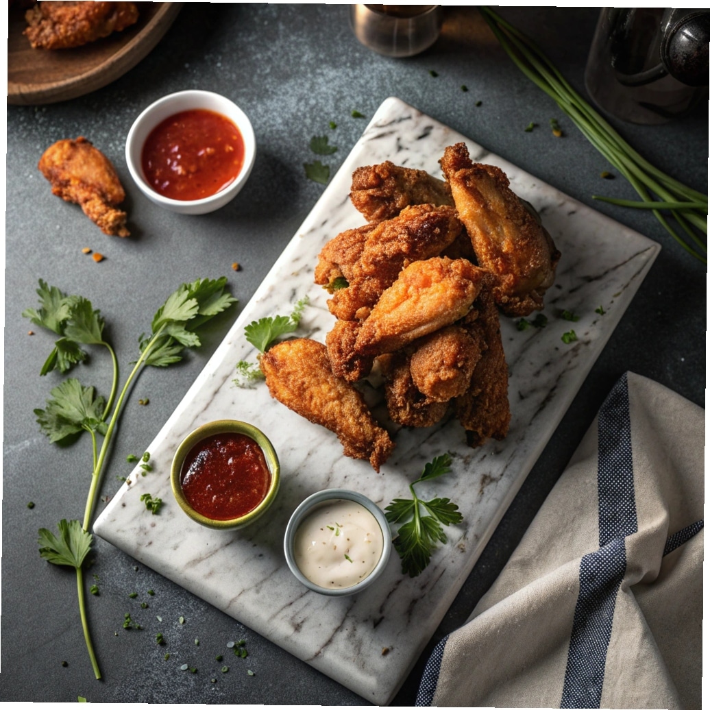 Home 1 Crispy deep fried chicken wings on platter