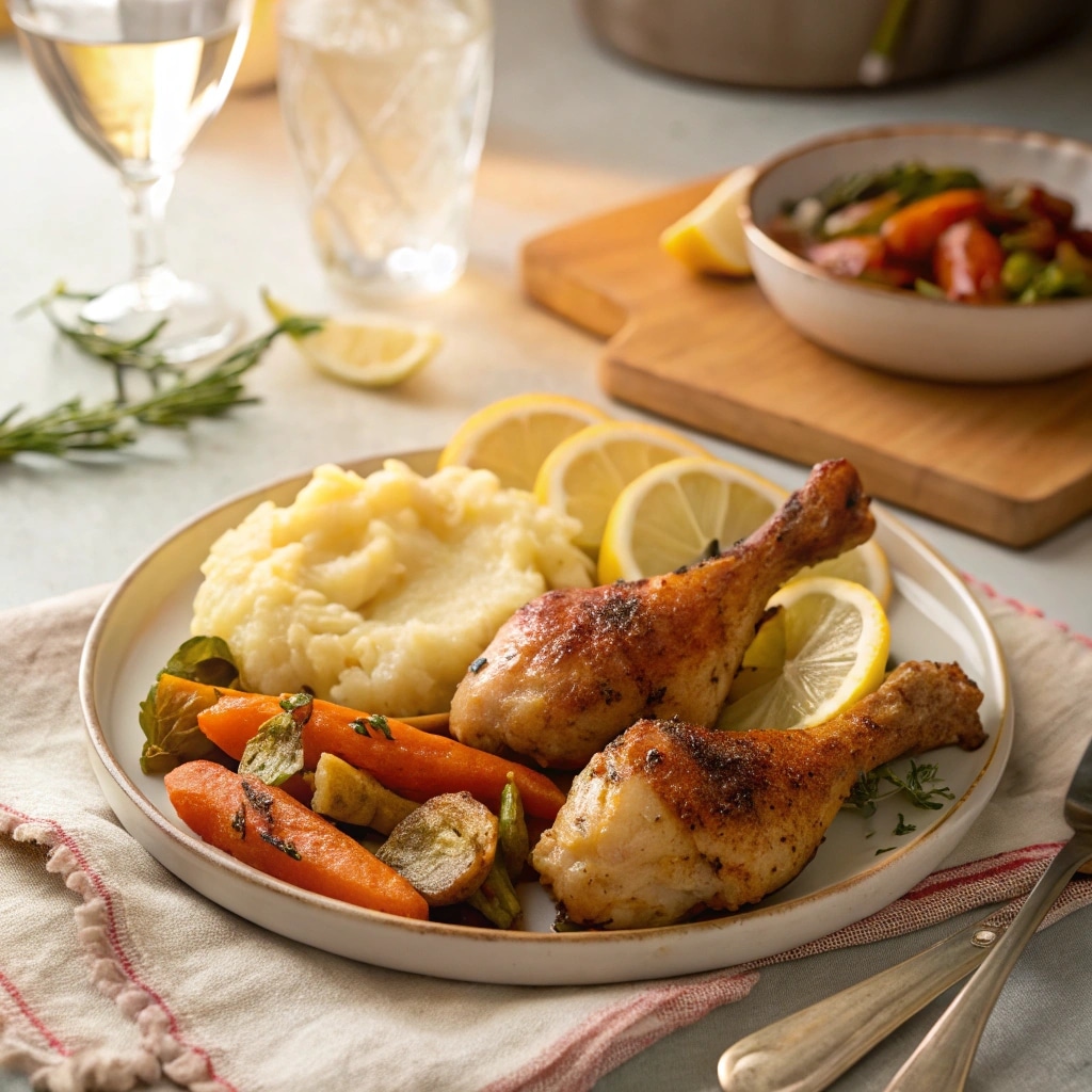 How to Cook Chicken Legs in the Oven (Easy, Juicy & Crispy Every Time) 10 Oven-baked chicken legs served with sides of mashed potatoes and vegetables