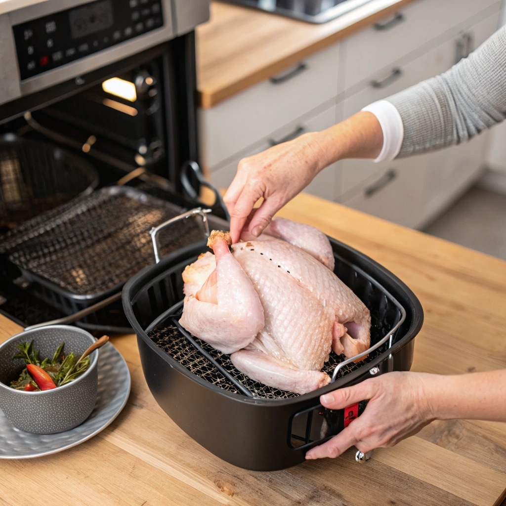 Whole Chicken Air Fryer Recipe That Delivers Crispy Skin and Juicy Meat 7 placing whole chicken in air fryer