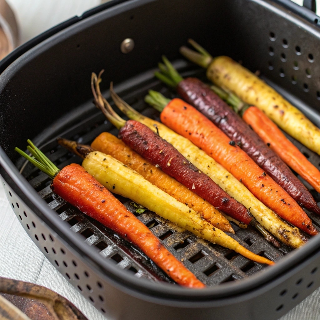 Air Fryer Rainbow Carrots Recipe: Fast, Flavorful, and Beautiful on Any Plate 7 Rainbow carrots roasting in an air fryer