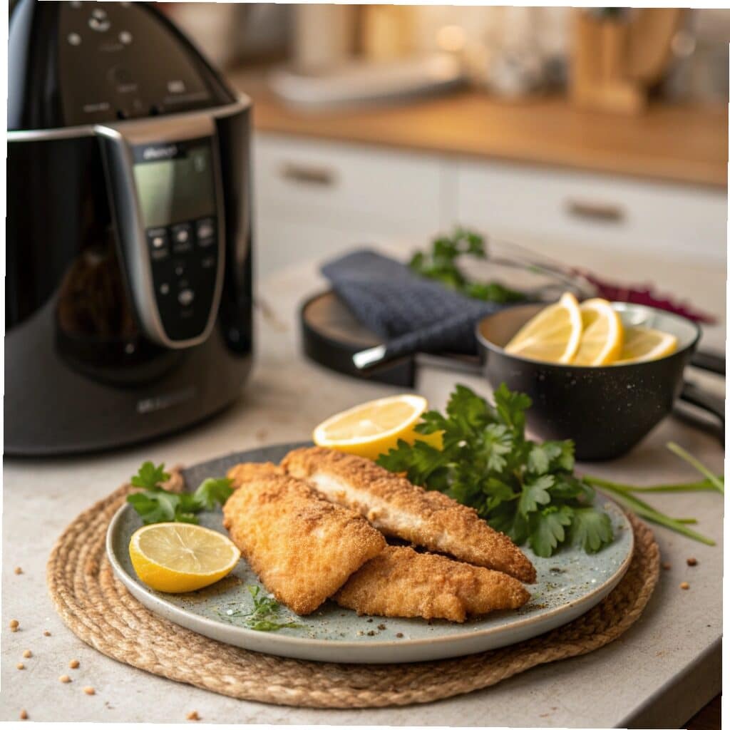 Crispy tilapia in air fryer served with lemon