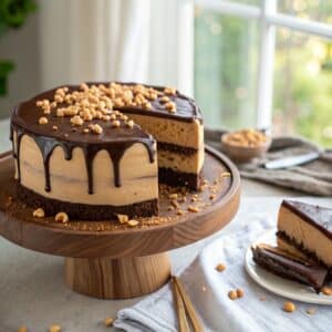 Chocolate peanut butter cake on wooden stand