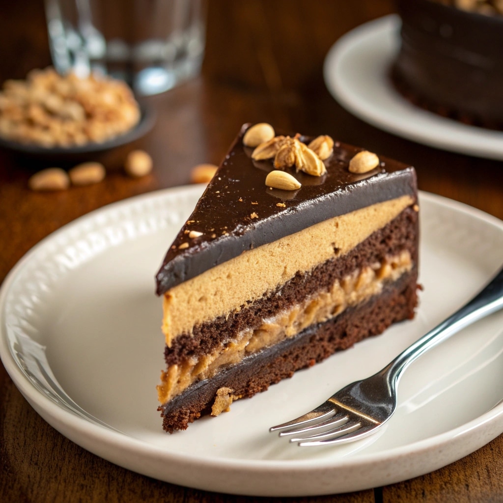 Slice of chocolate peanut butter cake