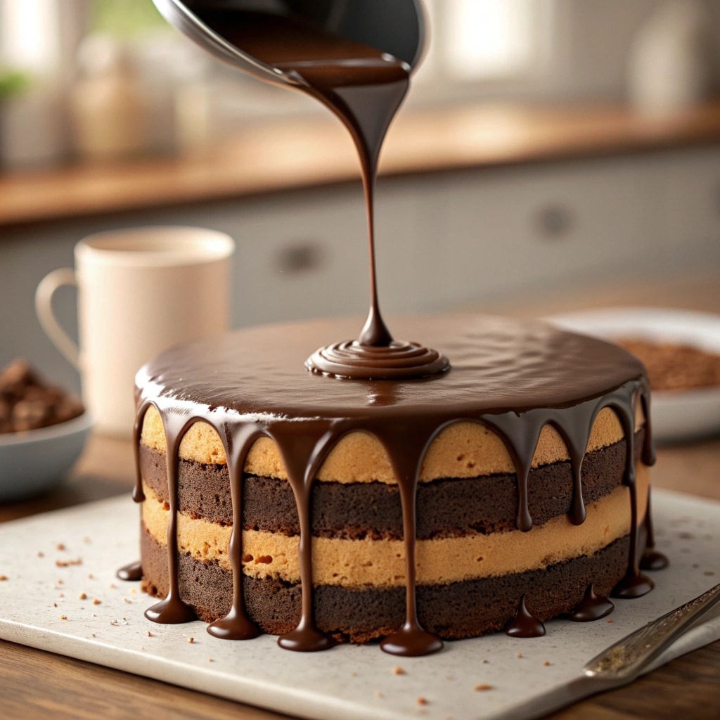 Pouring chocolate ganache on cake