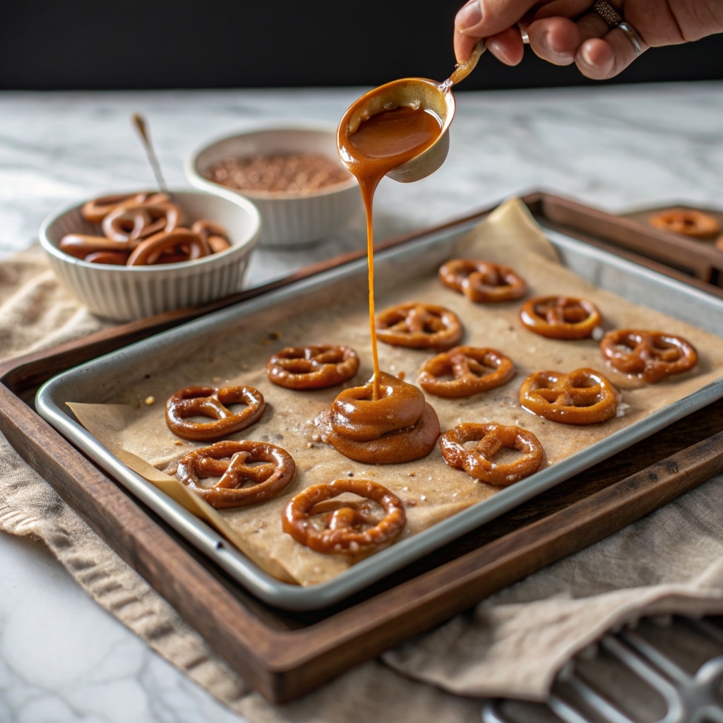 Hot caramel being poured over pretzels for bark