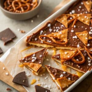 Salted caramel pretzel bark broken into crunchy, glossy pieces