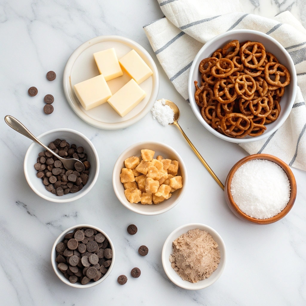 Ingredients for making salted caramel pretzel bark