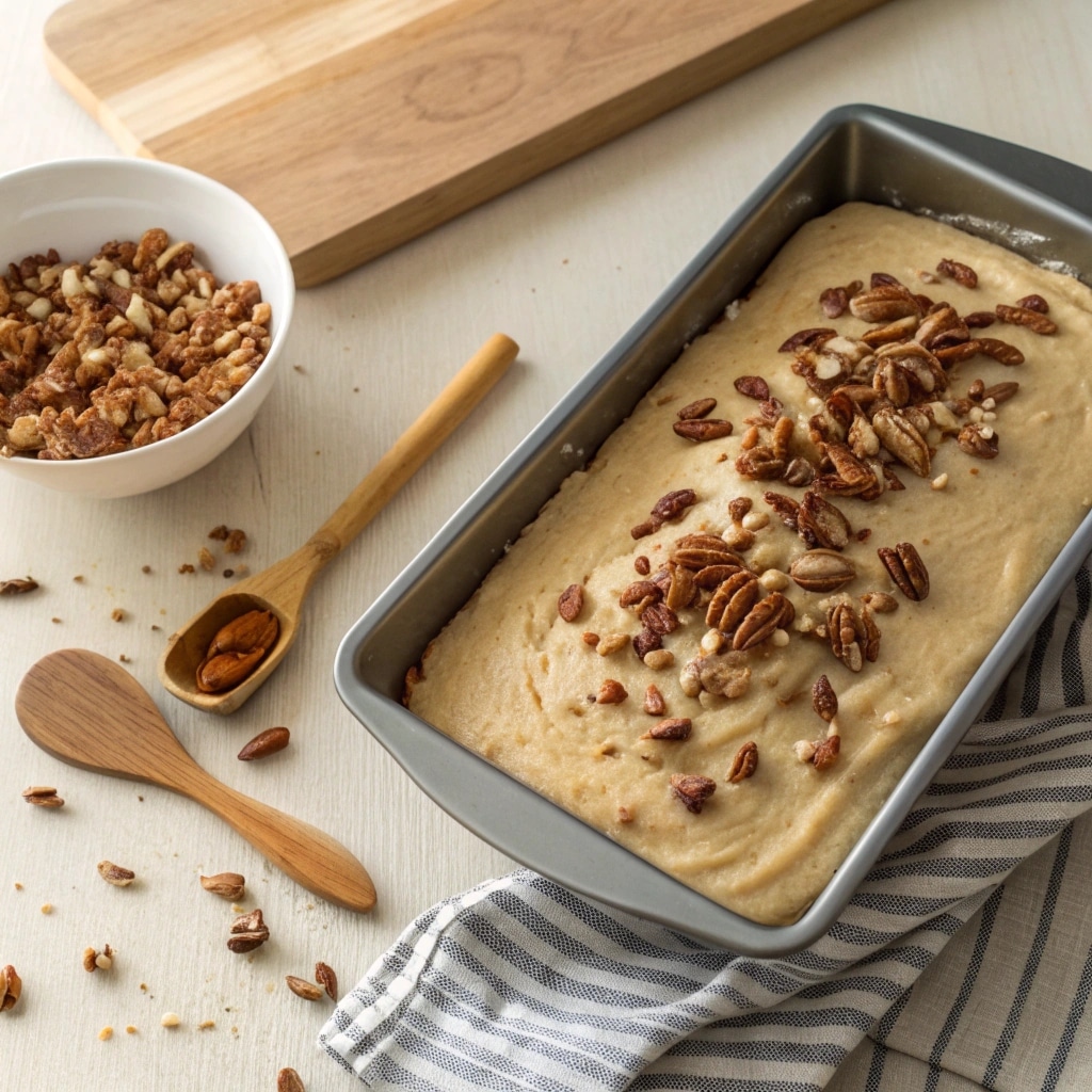 Batter of Sweet Alabama Pecanbread being spread in a baking dish
