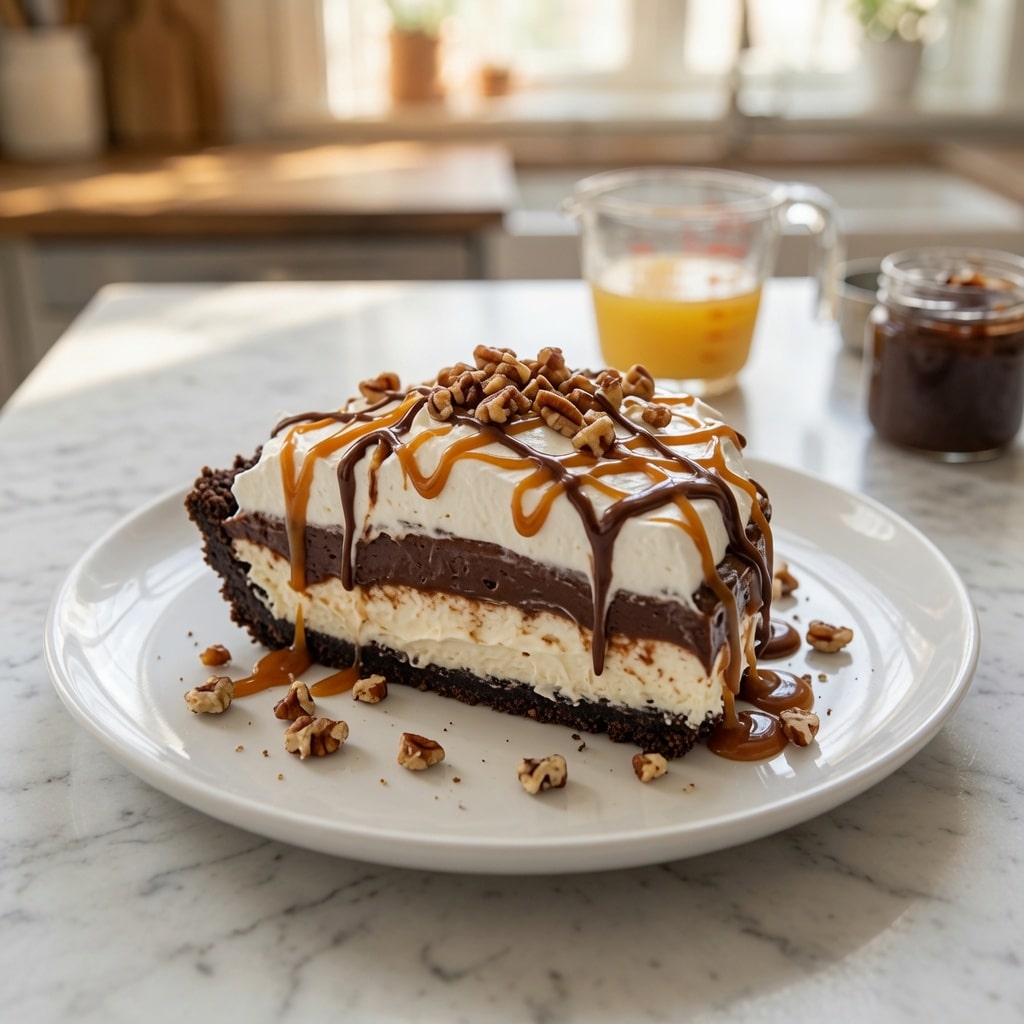 No Bake Turtle Lasagna Dessert: The Best Easy Chocolate Caramel Layered Dessert 8 Slice of No Bake Turtle Lasagna Dessert
